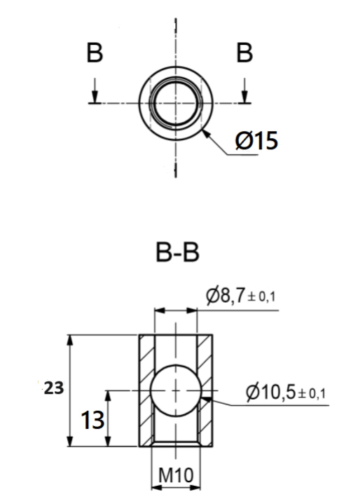 Samlebeslag M10 - Hus Ø15x23 mm + penol 12 mm, elgalvaniseret (sæt)