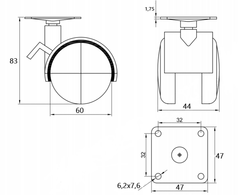Møbelhjul Ø60 mm m/bremse, sort/grå plastik