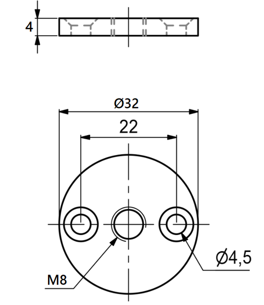 Møbelbensbeslag M8 gevind - Ø32x4 mm, elgalvaniseret