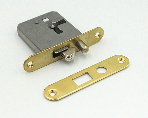 Møbellås til jalousiskab 68x14 mm centermål 25 mm, metal/messingbelagt