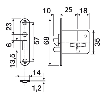 Møbellås til jalousiskab 68x14 mm centermål 25 mm, metal/messingbelagt