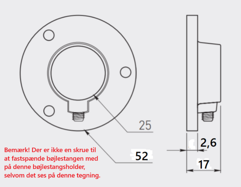 Bøjlestangsholder til Ø25 mm stang, sort malet metal (1 stk)