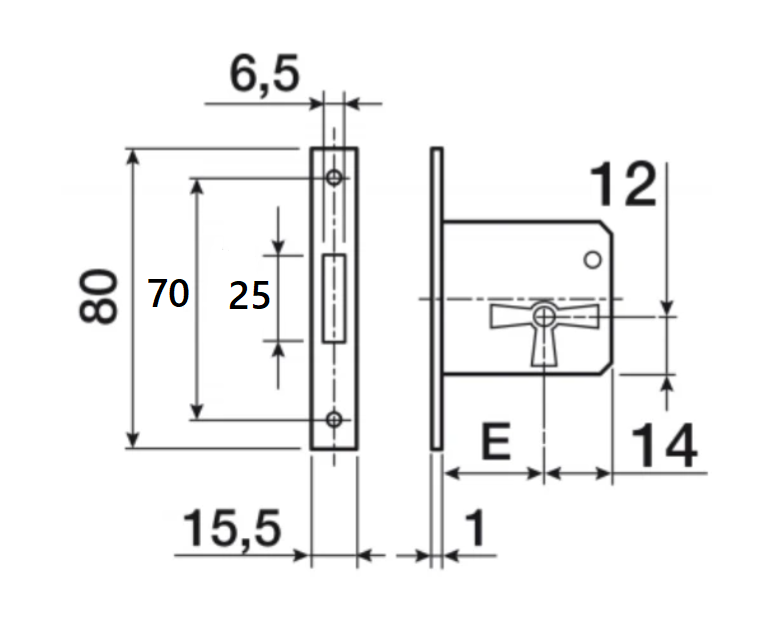 Møbellås 80x16 mm centermål 40 mm - VENSTRE, metal/messingbelagt