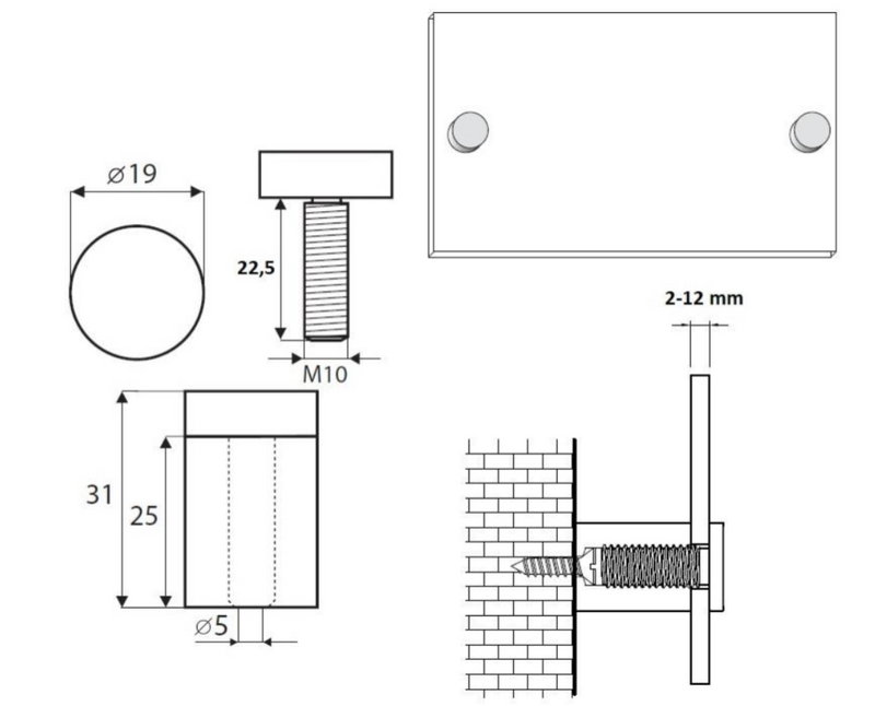 Ophæng til spejl og skilt Ø19x31 mm - stor, sort (1 stk)