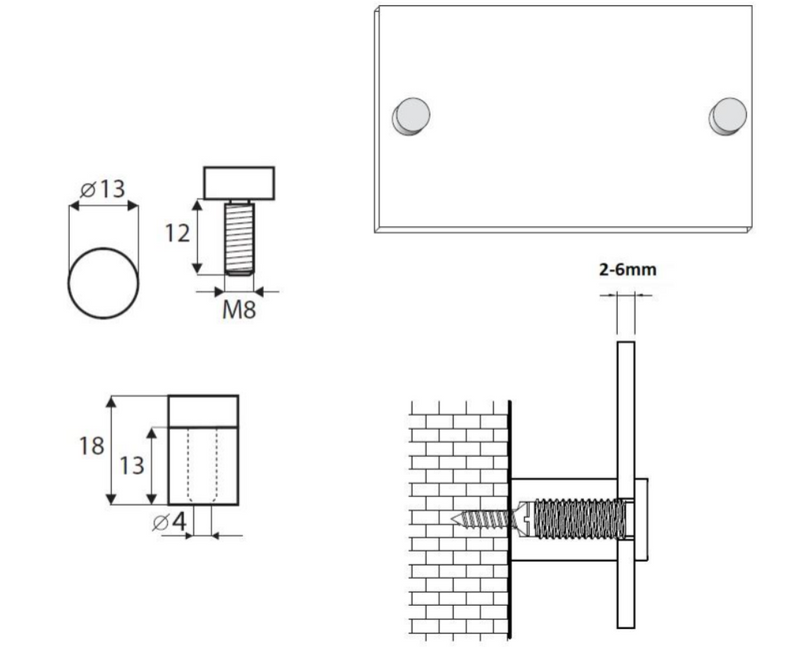 Ophæng til spejl og skilt Ø13x25 mm - lille, messingbelagt (1 stk)