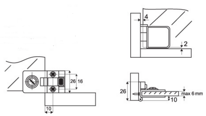 Glaslågehængsel t/indeni-liggende låge til 4-6 mm glas, sort metal