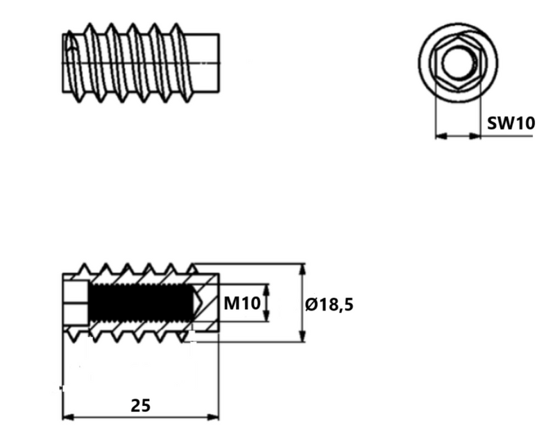 Iskruningsbøsning M10xØ18,5x25 mm, messing