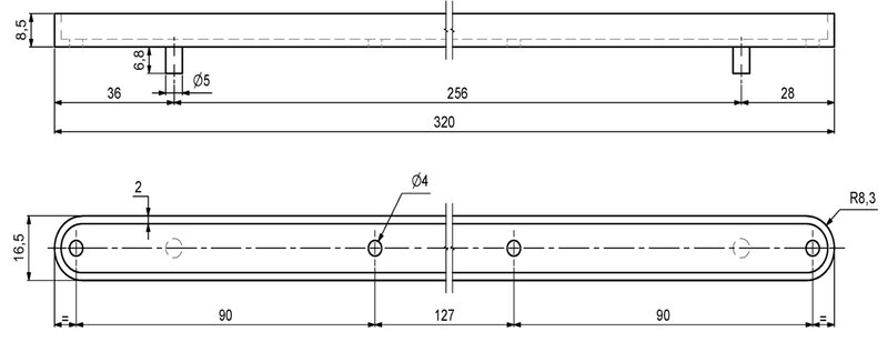 Glideskinne 320x16x8 mm, hvid plastik (1 stk)