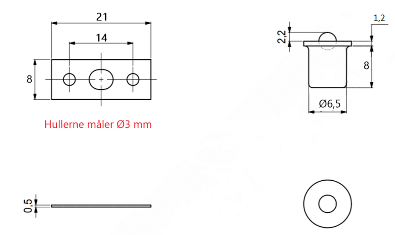 Kuglelås Ø6,5x8 mm med plade 21x8 mm, messingfarvet