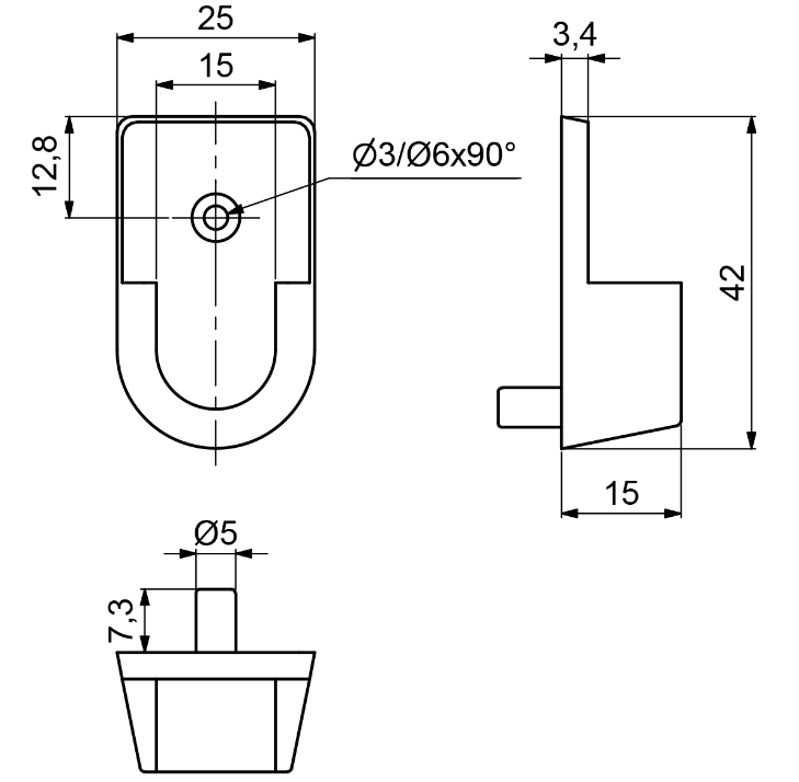 Bøjlestangsholder t/15x30 mm stang - m/1 tap Ø5 mm, hvid plastik (1 stk)