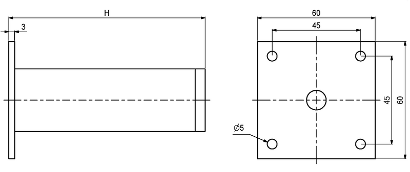 Møbelben Ø35x100 mm med plade 60x60 mm, blank metal
