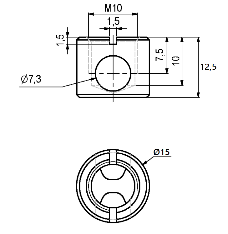 Samlebeslag M10 - Hus Ø15x12,5 mm + penolskrue 7,5 mm, elgalvaniseret (sæt)