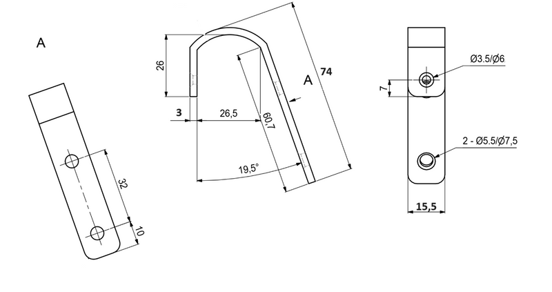 Stigebeslag 74x15,5 mm t/skrå stige, elgalvaniseret