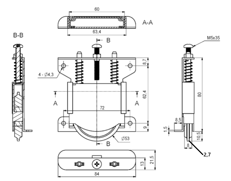 Skydedørsbeslag med bundhjul, metal (1 stk)