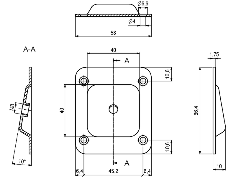 Møbelbensbeslag M8 gevind 66x58 mm "skrå", sort metal