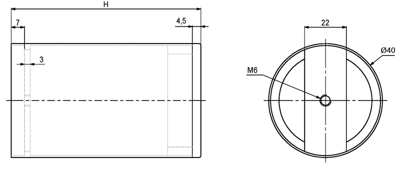 Møbelben Ø40x120 mm m/plade til montering, sortmalet metal