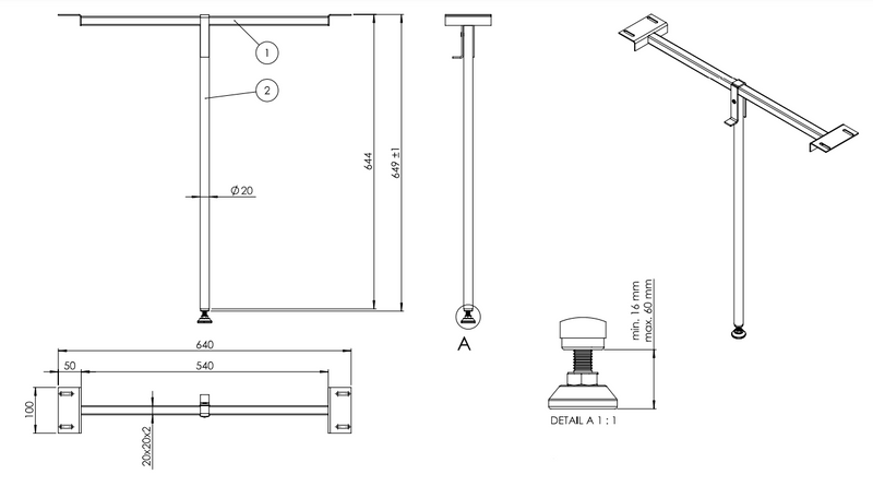 Støtteben Ø20x650 mm, sort metal