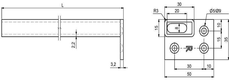 Skinne til vaskeskab 15x30x1000 mm, hvidmalet metal