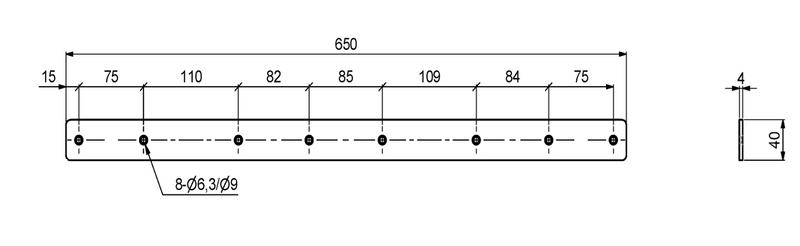Ligejern 650x40x4 mm med 8 huller, gråmalet metal