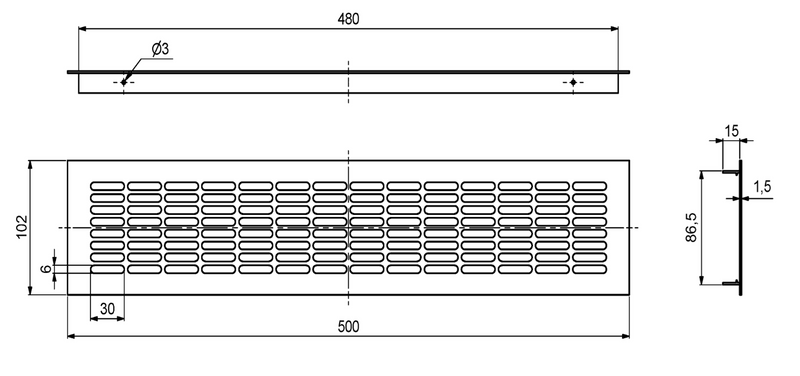 Udluftningsrist 500x102 mm, messingfarvet aluminium