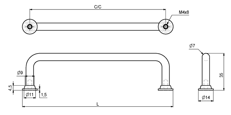 Metalgreb 96 mm c/c, børstet stål