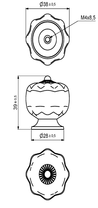Porcelænsknop blomst med messingtop og fod Ø38x39 mm, hvid