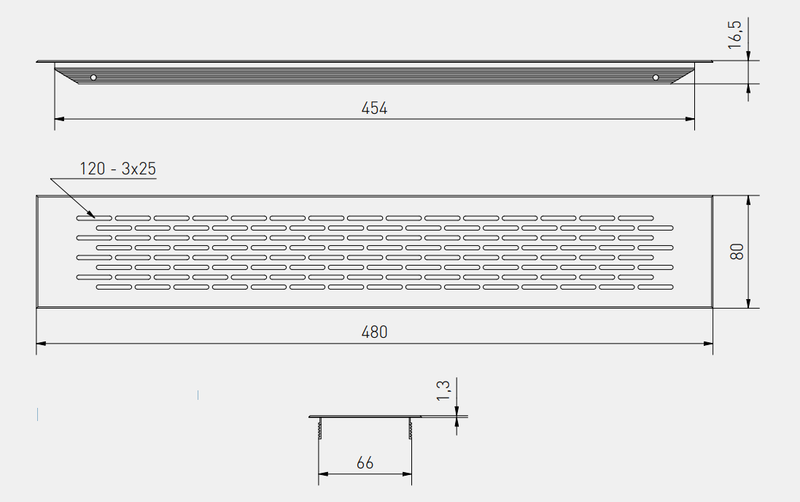 Udluftningsrist 480x80 mm, messingfarvet aluminium