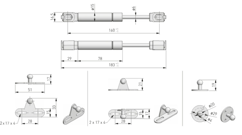 Gasdæmper 160 mm c/c UP incl. beslag, silver - flere varianter
