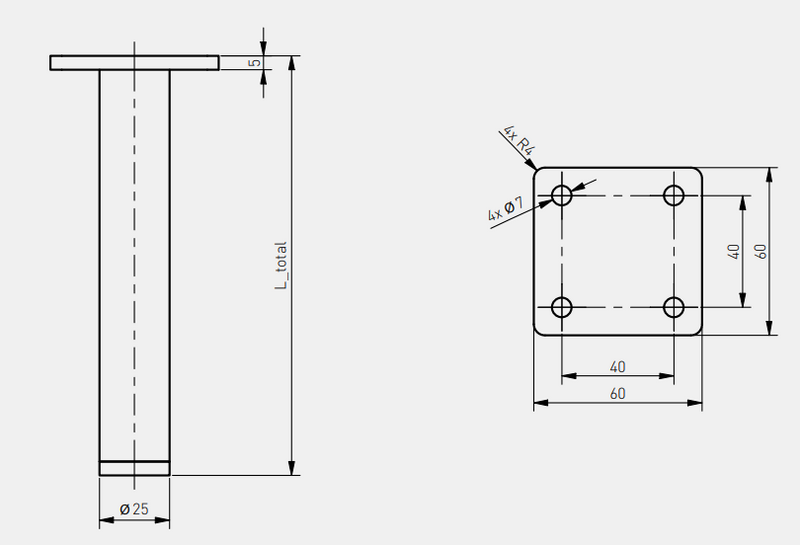 Sortmalet ben Ø25x150 mm med plade 60x60 mm, mat