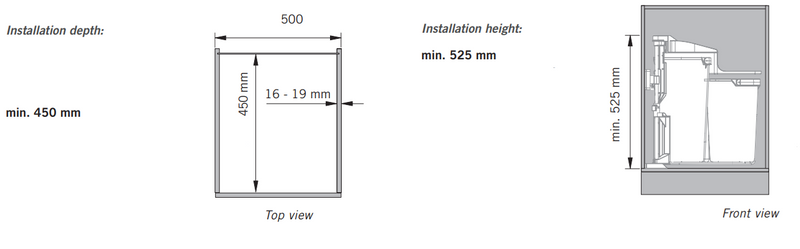 Affaldspand B450xH525 mm - 1x12L + 3x9 L, mørkegrå plastik