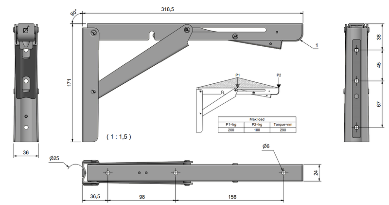 Klapbeslag til bordplade 171x318 mm ROBUST XL, Rustfrit stål (AISI 304)