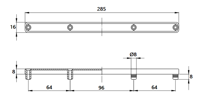 Glideskinne 285x16x8 mm, hvid plastik (1 stk)