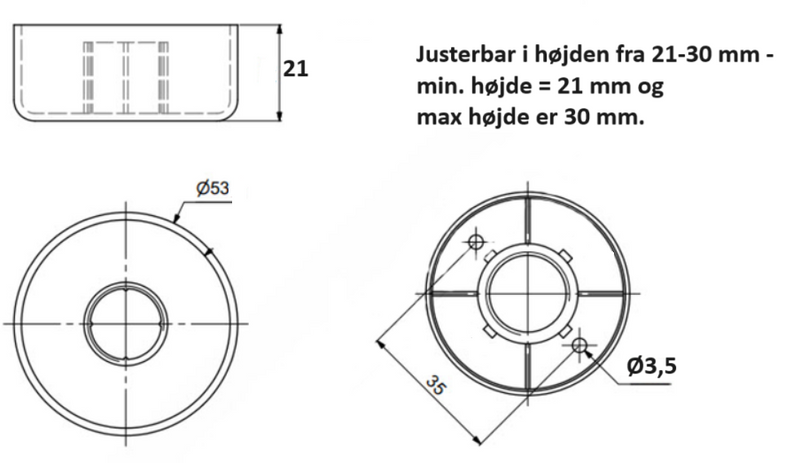 Plastikfod justerbar Ø53x21 mm t/påskruning, hvid