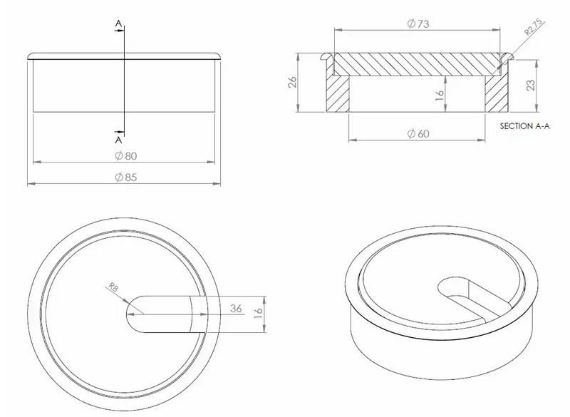 Kabelgennemføring Ø80 mm, egetræ med lak