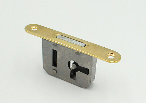 Møbellås 68x12 mm centermål 15 mm - VENSTRE - runde hjørner, metal/messingbelagt
