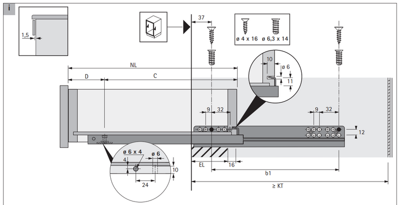 Skuffeudtræk HETTICH 500 mm Push-funktion og deludtræk, metal (sæt)