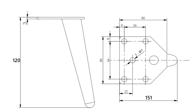 Sofaben Ø32x120 mm med plade 80x80 mm, mat sort metal