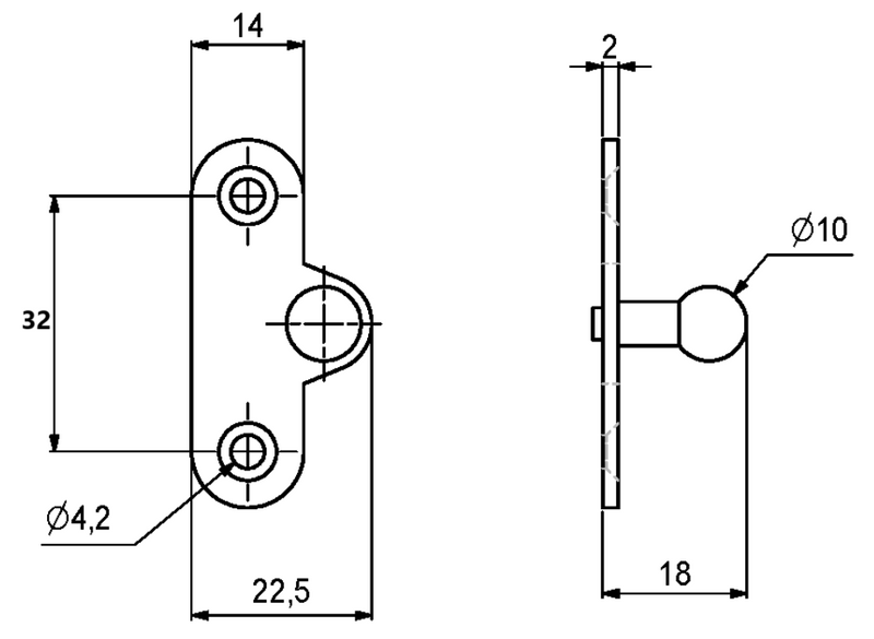 Beslag til gasdæmper 46x14 mm "lige", metal