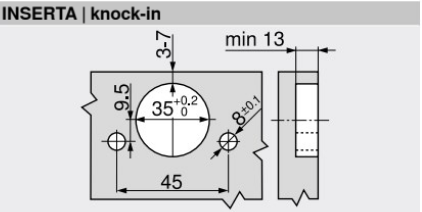 Skjult hængsel BLUM Ø35 mm m/softclose t/halvt-udenpåliggende låge, sort oxyderet metal