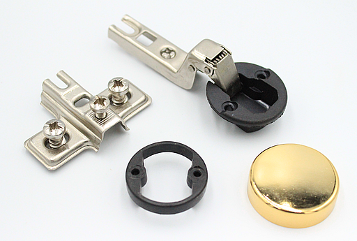 Glaslågehængsel til indeniliggende låge Ø26 mm m/bagplade og O-form front, messing look (sæt)