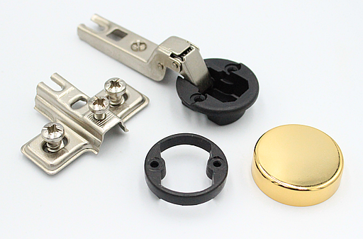 Glaslågehængsel til halvt-udenpåliggende låge Ø26 mm m/bagplade og O-form front, messing look (sæt)