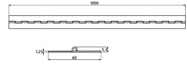 Klaverhængsel 60x1000 mm uden huller, Rustfri stål (Aisi304)