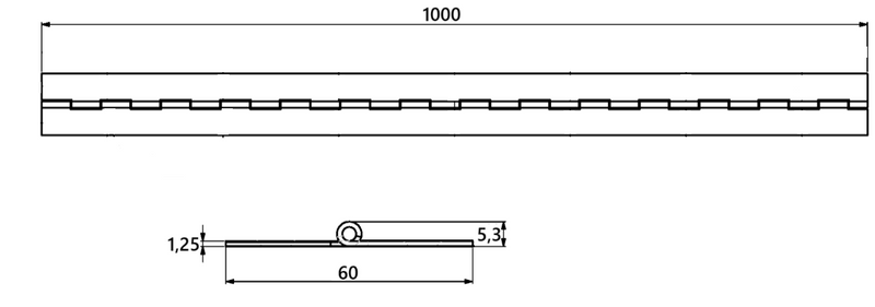 Klaverhængsel 60x1000 mm uden huller, Rustfri stål (Aisi304)