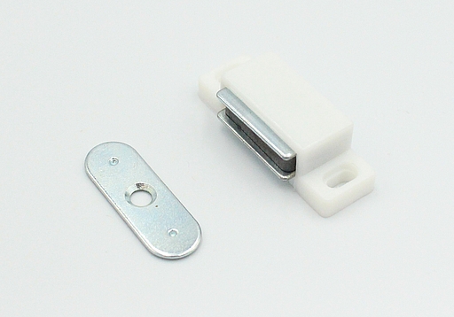 Magnet (5-6 kg) 46x15 mm med blik og skruer, hvid plastik (sæt)