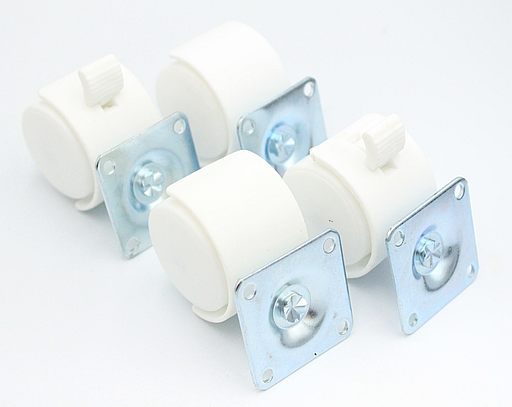 Møbelhjul Ø40 mm med plade - 2 stk m/bremse + 2 stk u/bremse, hvid plastik (sæt)