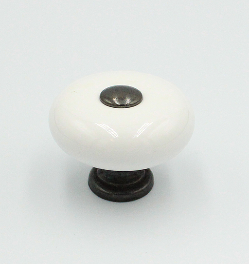 Porcelænsknop med brun antik top og fod Ø31x25 mm, hvid