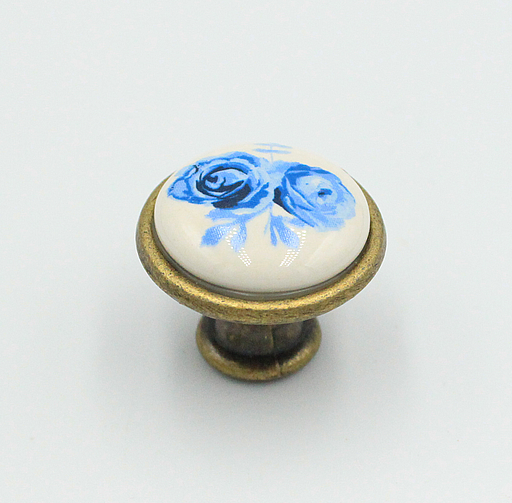 Porcelænsknop med blå blomst Ø27x23 mm, hvid