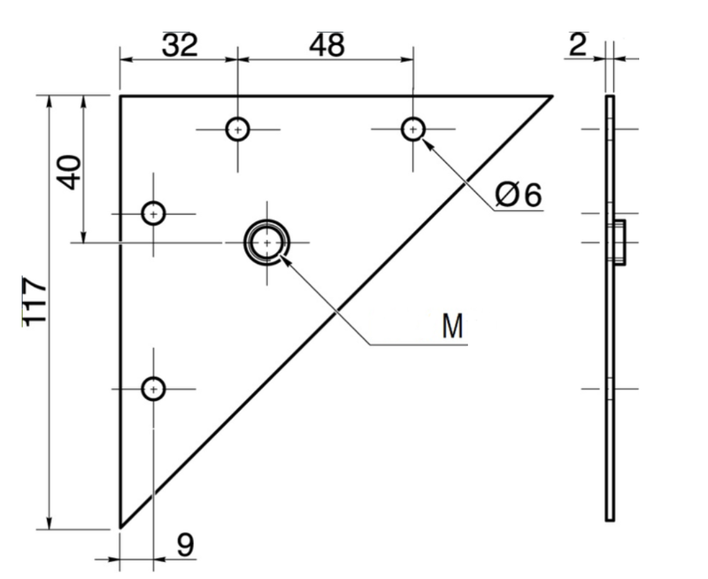 Bordbensbeslag 117x117 mm m/gevind i midten, elgalvaniseret