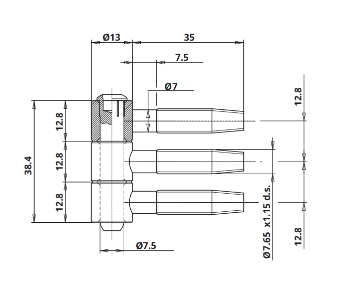 Indboringshængsel Ø13x38 mm med Ø7,5 mm tap, gulgalvaniseret