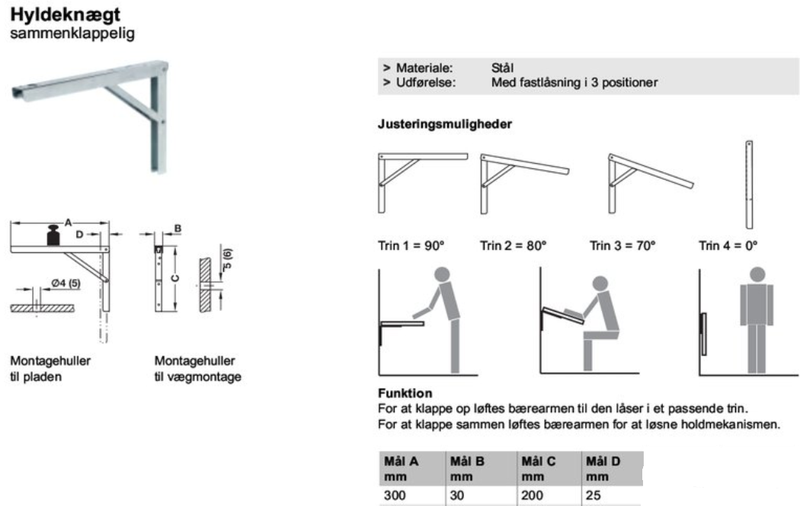 Klapbeslag til bordplade 300x200 mm, hvidmalet stål